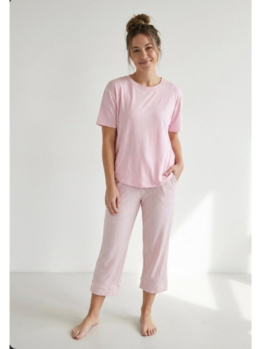 Auden pink short-sleeve top and matching pink-and-white striped cropped pajama S